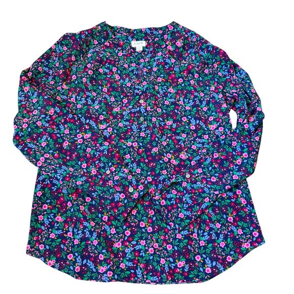 J Crew Popover Placket Blouse XS Ditsy Floral Navy Pink Cottagecore Tradwife - Picture 2 of 6